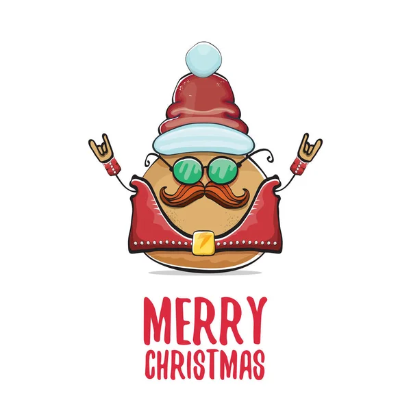 Vektor rocková hvězda Santa Brambor legrační karikatura roztomilá postava s červenou Santa klobouk a kaligrafie Veselé Vánoce text izolovaný na bílém pozadí. rock n roll vánoční večírek plakát — Stockový vektor