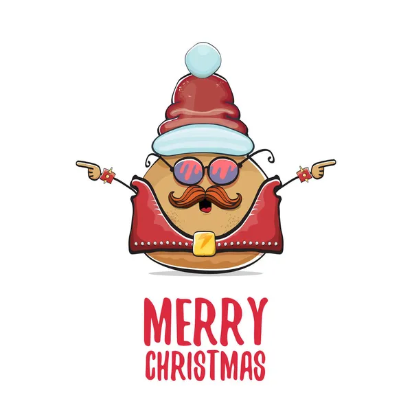 Vecteur rock star santa pomme de terre drôle personnage mignon de dessin animé avec chapeau santa rouge et texte calligraphique joyeux Noël isolé sur fond blanc. affiche de fête de Noël rock n roll — Image vectorielle
