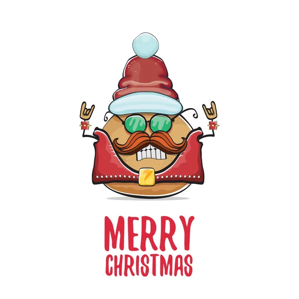 Vektor Rockstar Santa Potato lustige Cartoon niedliche Figur mit rotem Weihnachtsmann Hut und kalligrafische frohe Weihnachten Text isoliert auf weißem Hintergrund. Rock n Roll Weihnachtsfeier Poster — Stockvektor