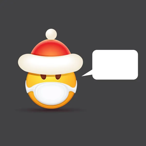 Vektor Emoji matrica száj orvosi védelmi maszk és Mikulás piros kalap elszigetelt szürke háttér. Sárga Mikulás mosoly arc karakter karácsonyi kalap és fehér sebész maszk. — Stock Vector
