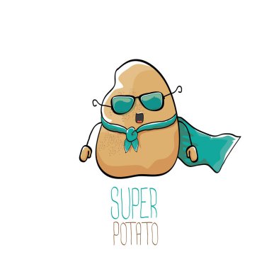 Vektör komik çizgi film sevimli kahverengi süper kahraman patates yeşil kahraman pelerini ve beyaz arka planda gizlenmiş kahraman maskesi. Benim adım patates vektörü konsepti. Süper sebze yemek karakteri