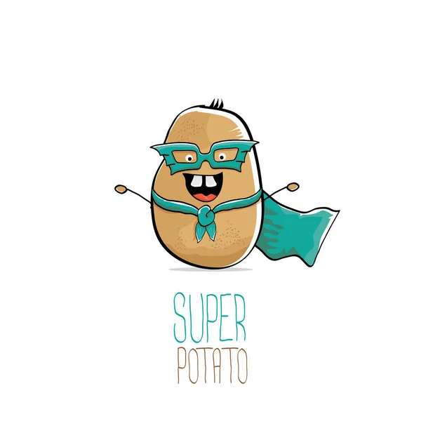 Vector divertido dibujos animados lindo marrón súper héroe patata con capa de héroe verde y máscara de héroe aislado sobre fondo blanco. Mi nombre es concepto de vector de papa. carácter de comida súper vegetal — Archivo Imágenes Vectoriales