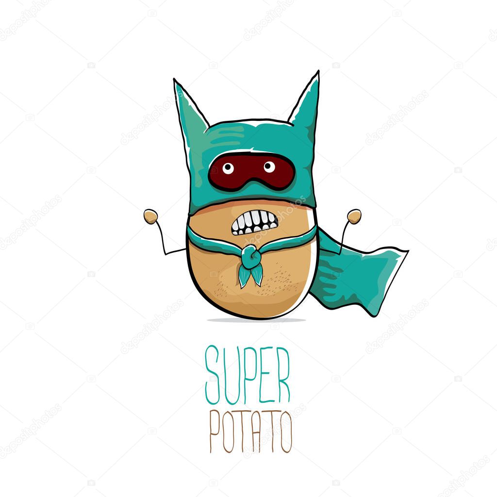 Vector funny cartoon cute brown super hero potato with green hero cape and hero mask isolated on white background. My name is potato vector concept. super funky vegetable food character