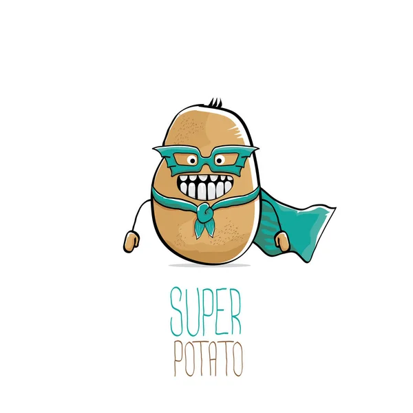 벡터웃긴 만화귀여운 갈색 슈퍼 히어로 감자 녹색 영웅 망토와 영웅 마스크가 흰색 배경에 따로 있습니다. 제 이름은 감자 벡터 개념입니다. 슈퍼 야채 음식 캐릭터 — 스톡 벡터