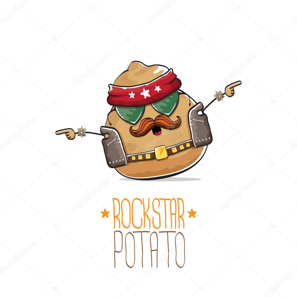 Vector rock star potato cartoon cute character with bandana, leather jacket, sunglasses and moustache isolated on white background. rock n roll hipster vegetable funky character