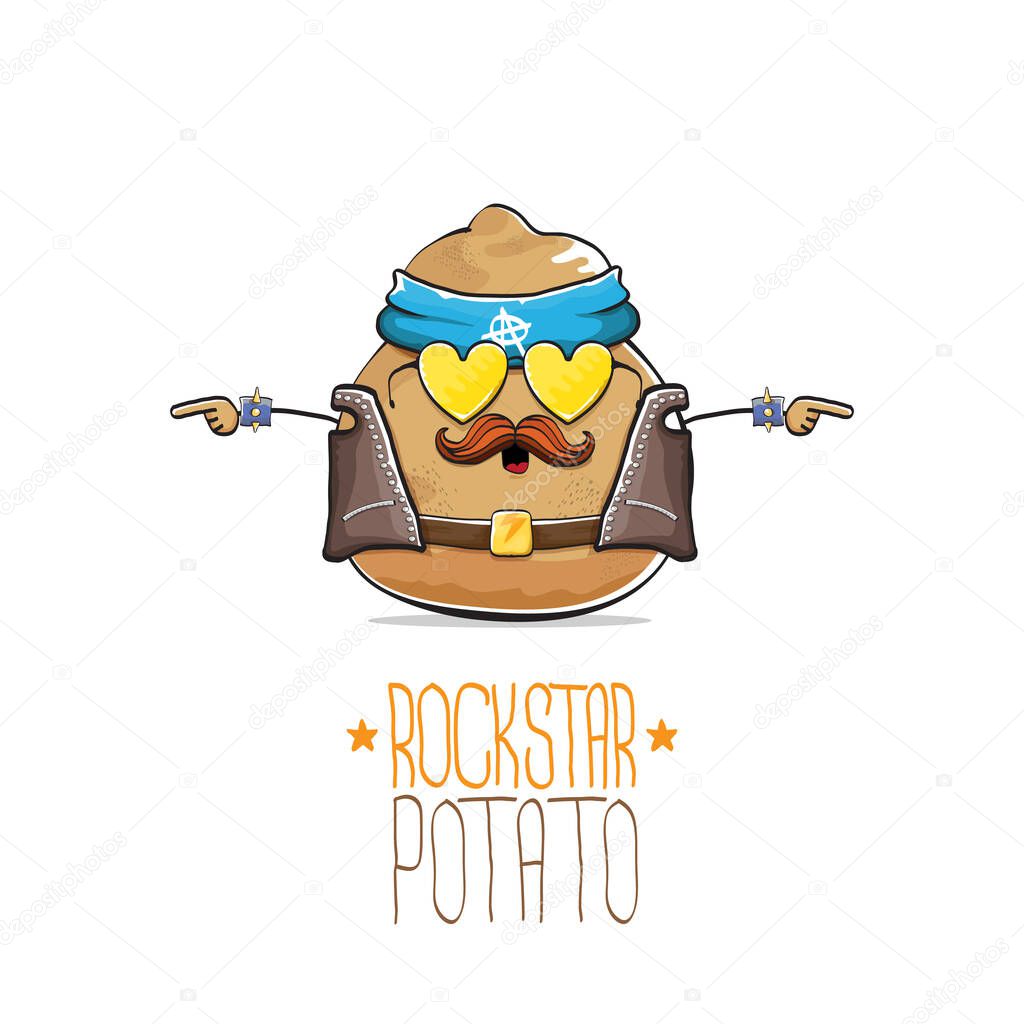 Vector rock star potato cartoon cute character with bandana, leather jacket, sunglasses and moustache isolated on white background. rock n roll hipster vegetable funky character