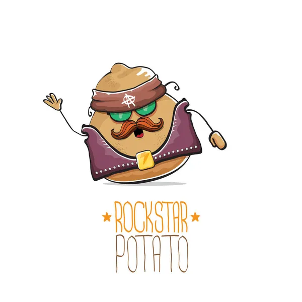 Vector rock ster aardappel grappige cartoon schattig karakter met bandana, lederen jas, zonnebril en snor geïsoleerd op witte achtergrond. rock n roll hipster plantaardige funky karakter — Stockvector