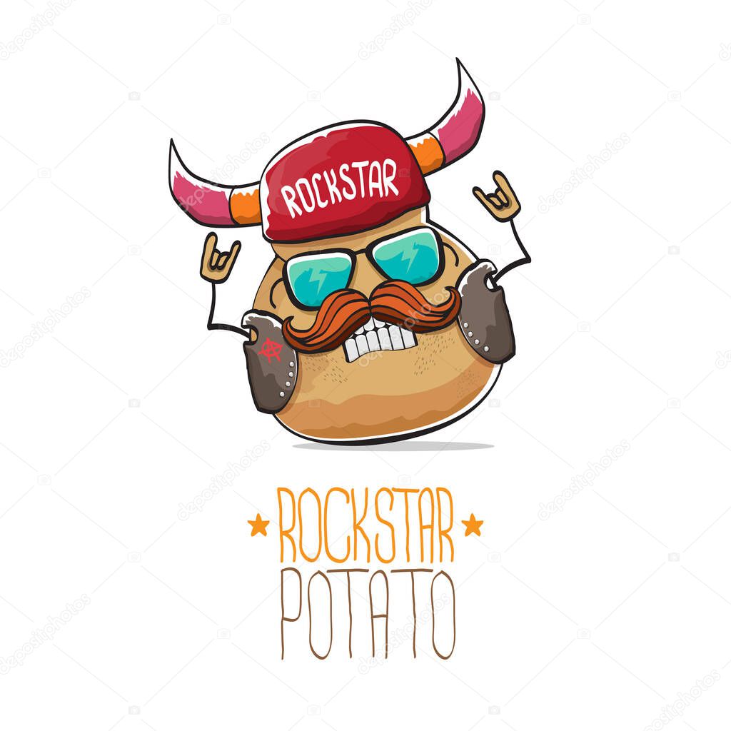 Vector rock star potato funny cartoon cute character with viking helmet, leather jacket, sunglasses and moustache isolated on white background. rock n roll hipster vegetable character