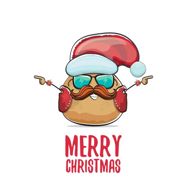 赤いサンタの帽子と書道メリークリスマステキスト白の背景に隔離されたベクトルロックスターサンタポテト面白い漫画かわいいキャラクター。ロックnロールクリスマスパーティーポスター — ストックベクタ