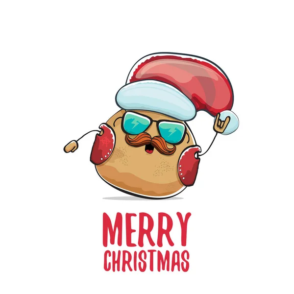 Vektor Rockstar Santa Potato lustige Cartoon niedliche Figur mit rotem Weihnachtsmütze und kalligrafische frohe Weihnachten Text isoliert auf weißem Hintergrund. Rock n Roll Weihnachtsfeier Poster — Stockvektor
