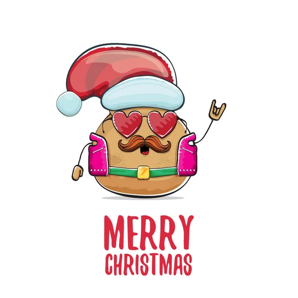 Vector estrella de rock Santa patata divertido personaje lindo de dibujos animados con sombrero de Santa rojo y caligrafía alegre texto de Navidad aislado sobre fondo blanco. cartel de fiesta de Navidad rock n roll — Archivo Imágenes Vectoriales