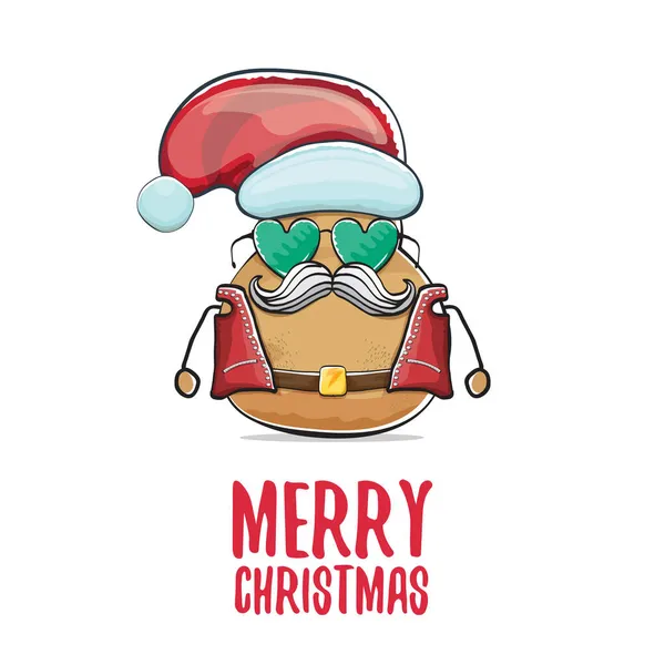 Vektor rockstjärna Santa potatis rolig tecknad söt karaktär med röd Santa hatt och kalligrafisk God Jul text isolerad på vit bakgrund. rock n roll Julfest affisch — Stock vektor
