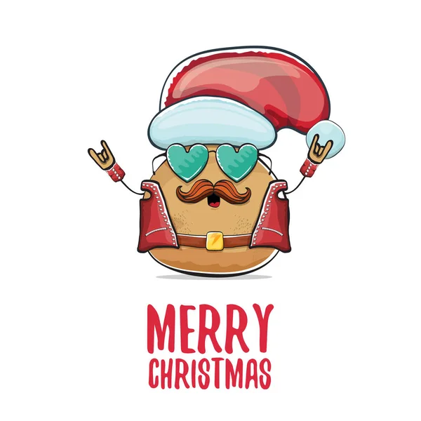 Vecteur rock star Santa pomme de terre drôle personnage de dessin animé mignon avec chapeau rouge Santa et calligraphique texte joyeux Noël isolé sur fond blanc. affiche de fête de Noël rock n roll — Image vectorielle