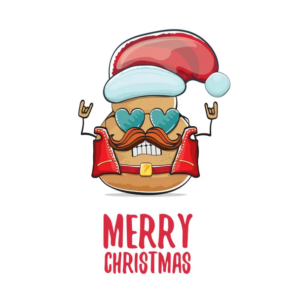 Vektorová rocková hvězda Santa brambor legrační karikatura roztomilá postava s červeným kloboukem Santa a kaligrafie veselý vánoční text izolovaný na bílém pozadí. rock n roll vánoční večírek plakát — Stockový vektor