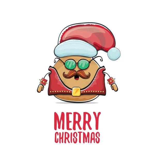 Vector rock star Papai Noel potato engraçado desenho animado bonito personagem com chapéu de Papai Noel vermelho e caligrafia alegre texto de Natal isolado no fundo branco. rock n roll Cartaz de festa de Natal — Vetor de Stock