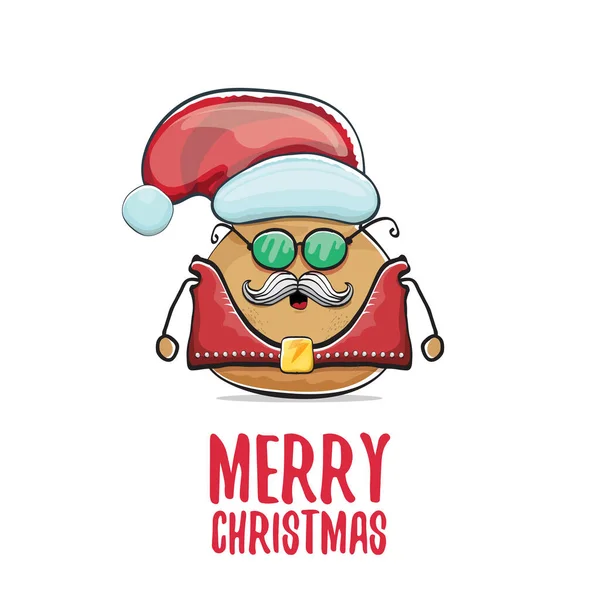Vektorová rocková hvězda Santa brambor legrační karikatura roztomilá postava s červeným kloboukem Santa a kaligrafie veselý vánoční text izolovaný na bílém pozadí. rock n roll vánoční večírek plakát — Stockový vektor