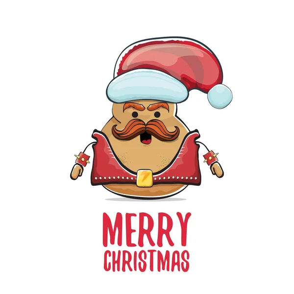 Vector rock star Santa potato funny cartoon cute character with red Santa hat and calligraphic merry Christmas text isolated on white background. rock n roll Christmas party poster — Stock Vector