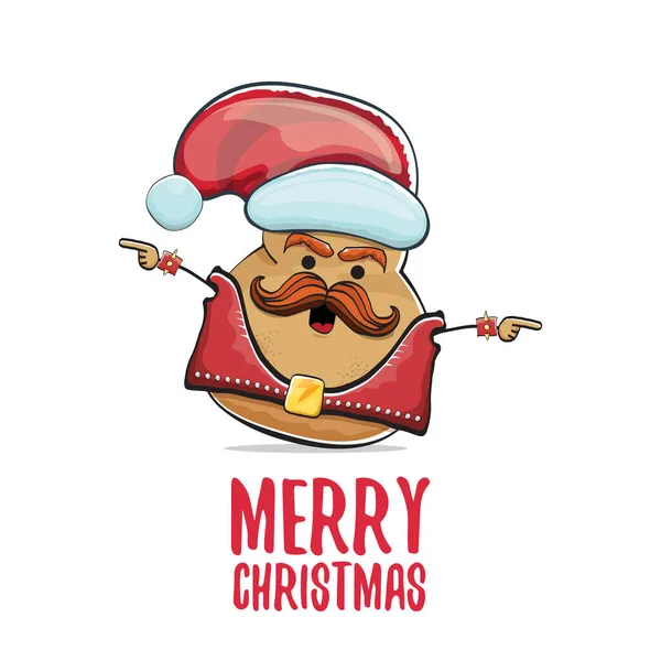 Vector rock star Papai Noel potato engraçado desenho animado bonito personagem com chapéu de Papai Noel vermelho e caligrafia alegre texto de Natal isolado no fundo branco. rock n roll Cartaz de festa de Natal — Vetor de Stock
