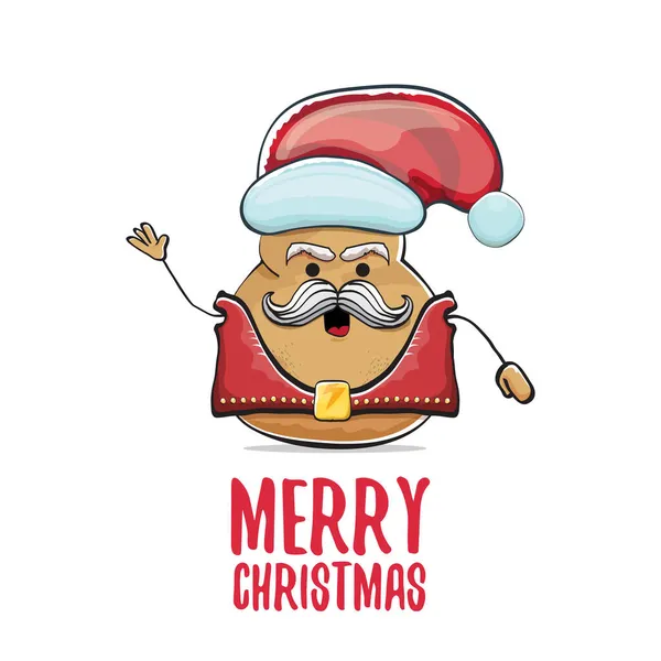 Vektor Rockstar Santa Potato lustige Cartoon niedliche Figur mit rotem Weihnachtsmütze und kalligrafische frohe Weihnachten Text isoliert auf weißem Hintergrund. Rock n Roll Weihnachtsfeier Poster — Stockvektor