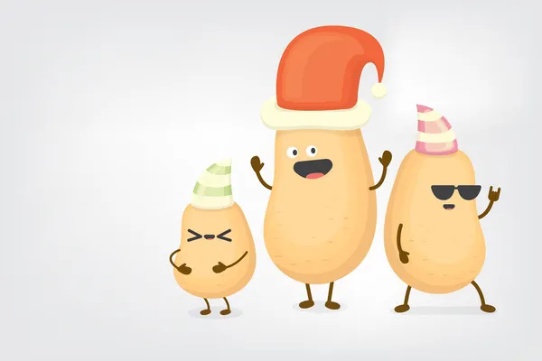 Vettore tre amici bambini personaggi patata con cappelli di Babbo Natale divertirsi isolato su sfondo grigio. Buon Natale vettoriale illustrazione. patata per bambini funky con gli amici. Concetto festa di Natale — Vettoriale Stock