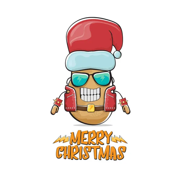 Vector rock star Santa Claus potato funny cartoon cute character with red Santa hat and calligraphic merry Christmas text isolated on white background. Rock n roll funky Christmas party banner — Stock Vector