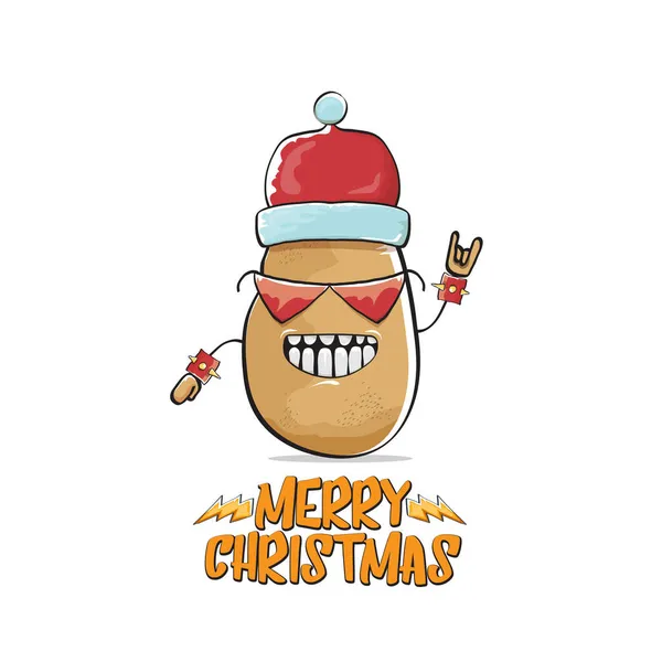 Vektor Rockstar Weihnachtsmann Kartoffel lustige Cartoon niedliche Figur mit rotem Weihnachtsmütze und kalligrafische frohe Weihnachten Text isoliert auf weißem Hintergrund. Rock n Roll funky Weihnachtsfeier Banner — Stockvektor