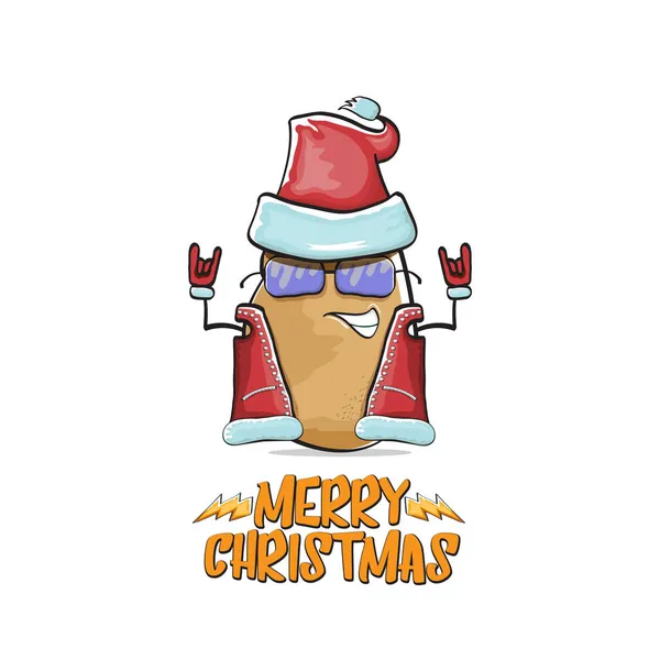 Vector rock star Santa Claus potato funny cartoon cute character with red Santa hat and calligraphic merry Christmas text isolated on white background. Rock n roll funky Christmas party banner — Stock Vector
