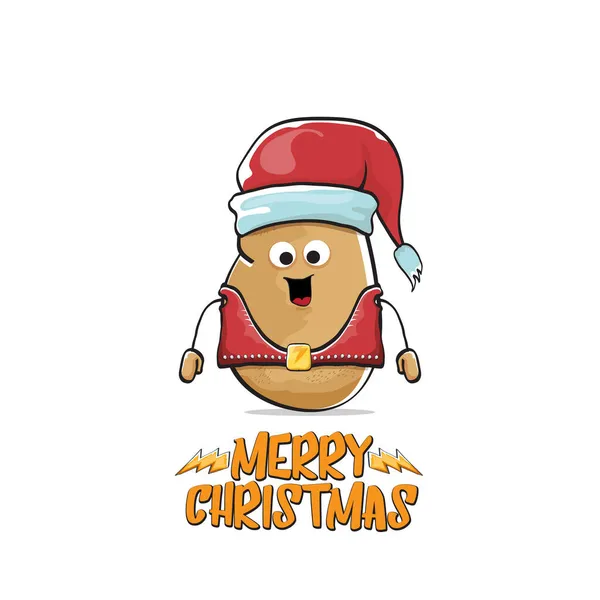Vector estrella de rock Papá Noel patata divertida caricatura lindo personaje con sombrero de Santa rojo y caligrafía alegre texto de Navidad aislado sobre fondo blanco. Rock n roll funky banner de fiesta de Navidad — Vector de stock