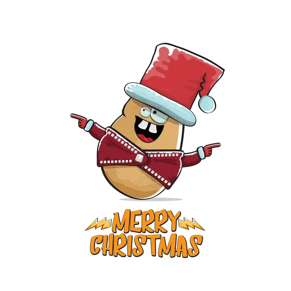 Vector estrella de rock Papá Noel patata divertida caricatura lindo personaje con sombrero de Santa rojo y caligrafía alegre texto de Navidad aislado sobre fondo blanco. Rock n roll funky banner de fiesta de Navidad — Archivo Imágenes Vectoriales