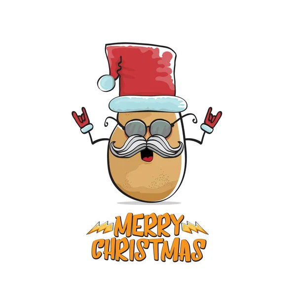 Vektor Rockstar Weihnachtsmann Kartoffel lustige Cartoon niedliche Figur mit rotem Weihnachtsmütze und kalligrafische frohe Weihnachten Text isoliert auf weißem Hintergrund. Rock n Roll funky Weihnachtsfeier Banner — Stockvektor