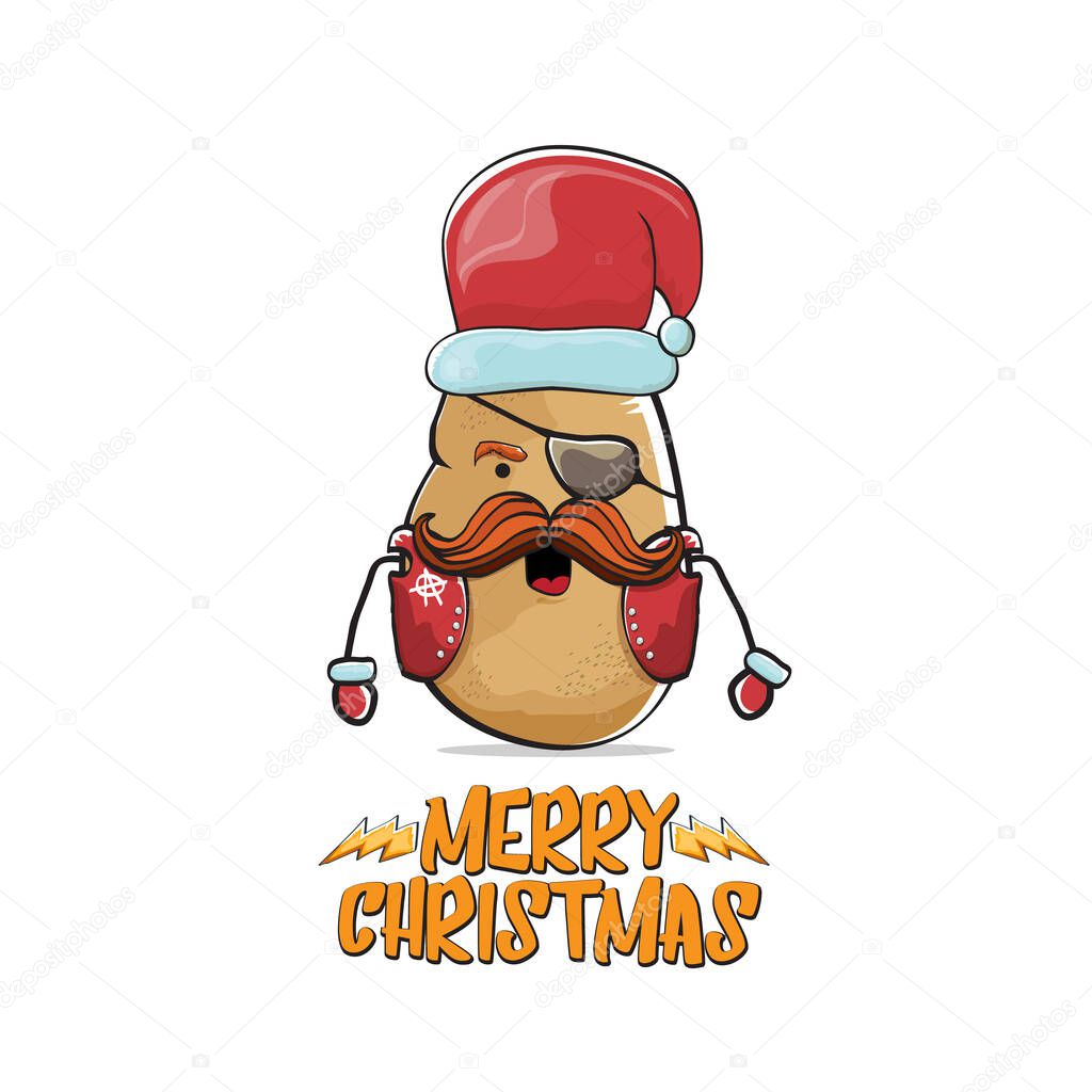 vector rock star Santa Claus potato funny cartoon cute character with red Santa hat and calligraphic merry Christmas text isolated on white background. Rock n roll funky Christmas party banner