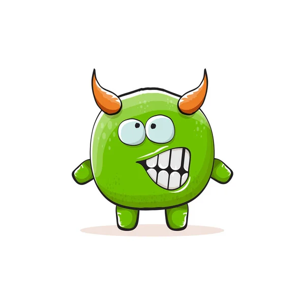 Vector cartoon funky green monster with horn isolated on white background. Smiling silly green monster print sticker design template. Ghost, troll, gremlin, goblin, devil and monster — Stock Vector
