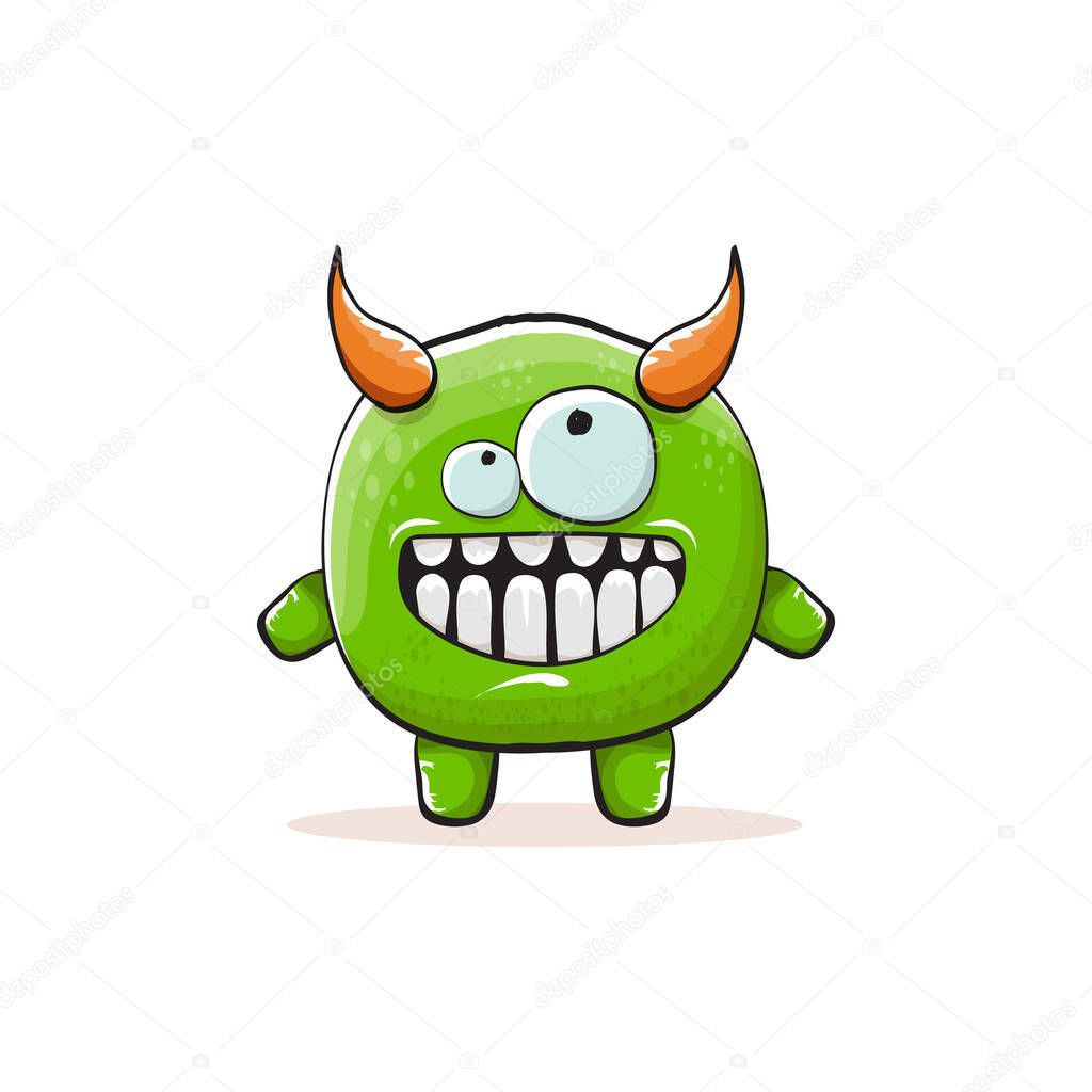 Vector cartoon funky green monster with horn isolated on white background. Smiling silly green monster print sticker design template. Ghost, troll, gremlin, goblin, devil