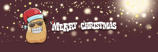 Vektor funky rajzfilm mosolygós Mikulás burgonya piros mikulás kalap és kalligráfiai karácsonyi szöveg vízszintes éjszakai háttér elmosódott és fények. zöldséges funky karácsonyi étel karakter — Stock Vector