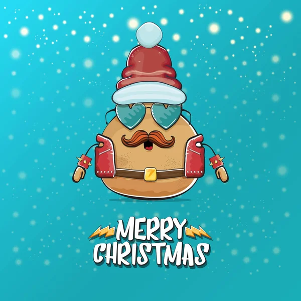 Vektorová rocková hvězda Santa brambor legrační karikatura roztomilá postava s červeným kloboukem Santa a kaligrafie veselý vánoční text izolovaný na tyrkysovém pozadí se sněhem. rock n roll vánoční večírek plakát — Stockový vektor