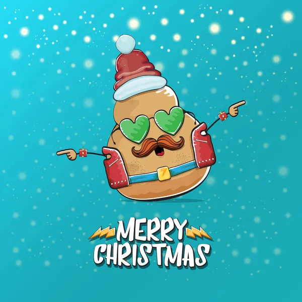 Vektor Rockstar Santa Potato lustige Cartoon niedliche Figur mit rotem Weihnachtsmütze und kalligrafische frohe Weihnachten Text isoliert auf einem türkisfarbenen Hintergrund mit Schnee. Rock n Roll Weihnachtsfeier Poster — Stockvektor