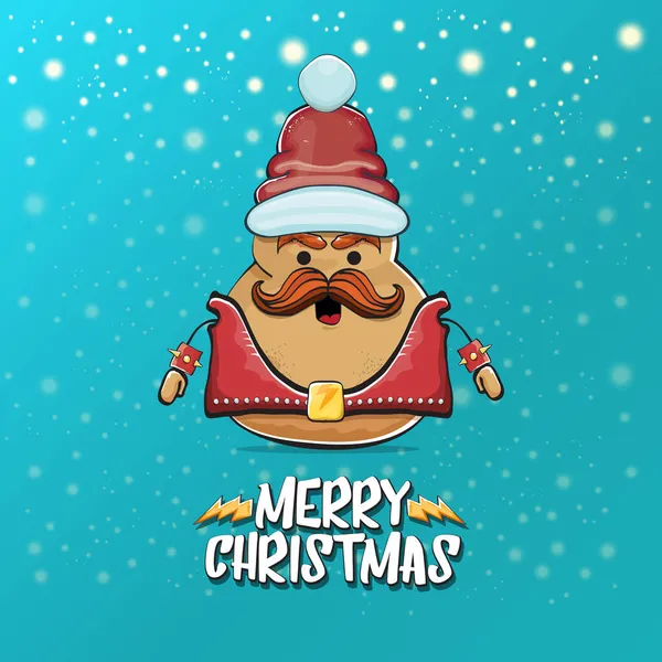 Vector rock star Papai Noel potato engraçado desenho animado bonito personagem com chapéu de Papai Noel vermelho e caligrafia alegre texto de Natal isolado em um fundo turquesa com neve. rock n roll Cartaz de festa de Natal — Vetor de Stock