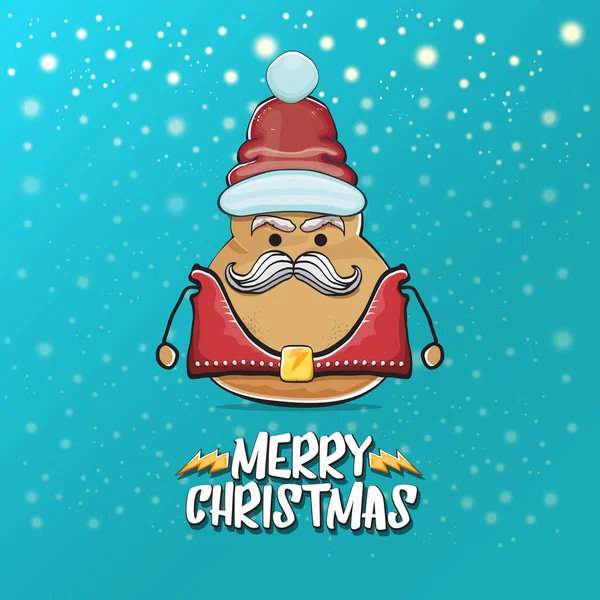 Vektor Rockstar Santa Potato lustige Cartoon niedliche Figur mit rotem Weihnachtsmütze und kalligrafische frohe Weihnachten Text isoliert auf einem türkisfarbenen Hintergrund mit Schnee. Rock n Roll Weihnachtsfeier Poster — Stockvektor