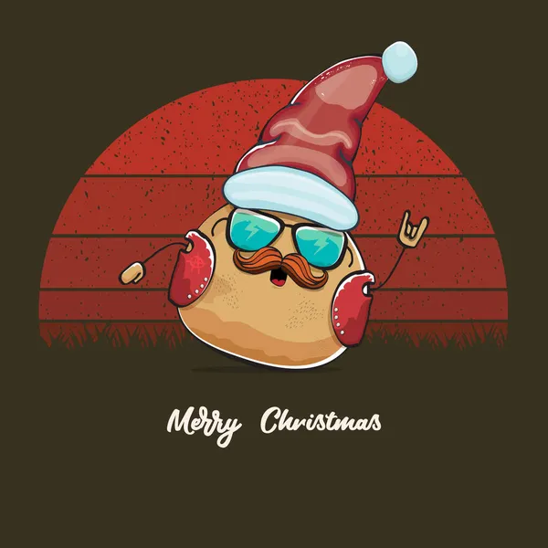 Vector estrella de rock Santa patata divertido personaje lindo de dibujos animados con sombrero de Santa rojo y caligrafía alegre texto de Navidad aislado en fondo retro vintage con sol despojado retro. Cartel fiesta de Navidad — Archivo Imágenes Vectoriales