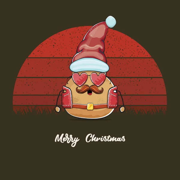Vecteur rock star Santa pomme de terre drôle personnage de dessin animé mignon avec chapeau rouge Santa et calligraphique texte joyeux Noël isolé sur fond rétro vintage avec soleil dépouillé rétro. Affiche fête de Noël — Image vectorielle