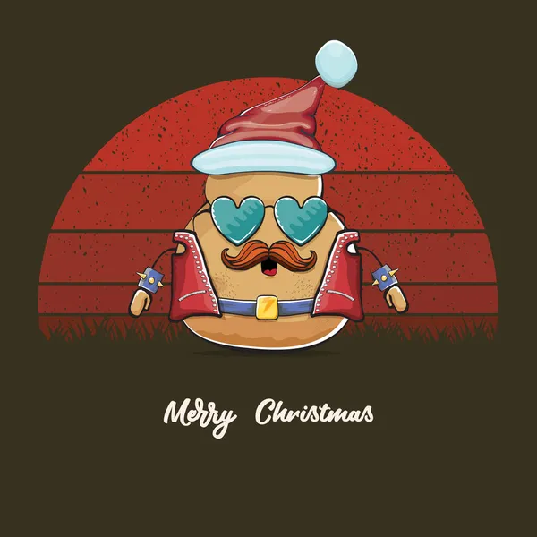 Vektör rock yıldızı Noel Baba komik çizgi film karakteri kırmızı Noel Baba şapkası ve kaligrafik neşeli Noel yazısıyla izole edilmiş geçmişe dönük eski güneşli. Noel partisi posteri — Stok Vektör