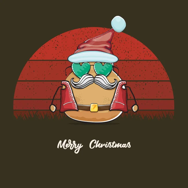 Vector estrella de rock Santa patata divertido personaje lindo de dibujos animados con sombrero de Santa rojo y caligrafía alegre texto de Navidad aislado en fondo retro vintage con sol despojado retro. Cartel fiesta de Navidad — Vector de stock