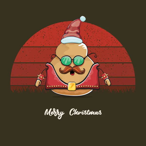 矢量摇滚明星圣诞老人滑稽漫画可爱的人物与红色圣诞老人帽和书法作品快乐的圣诞文字孤立在复古复古背景与复古剥光的太阳。圣诞派对海报 — 图库矢量图片