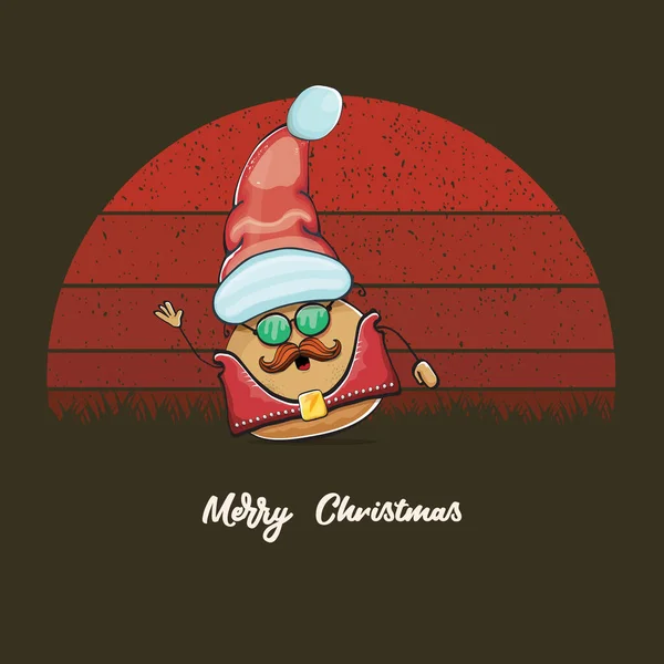 Vector rock star Santa potato funny cartoon cute character with red Santa hat and calligraphic merry Christmas text isolated on vintage retro background with retro stripped sun. Christmas party poster — Stock Vector