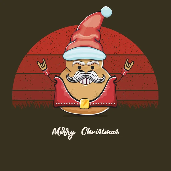 Vector estrella de rock Santa patata divertido personaje lindo de dibujos animados con sombrero de Santa rojo y caligrafía alegre texto de Navidad aislado en fondo retro vintage con sol despojado retro. Cartel fiesta de Navidad — Archivo Imágenes Vectoriales