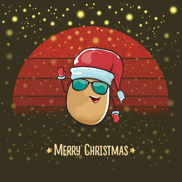 Vector funky comic cartoon cute smiling Santa Claus potato with red Santa hat and cartoon merry Christmas text isolated on vintage red background with sun. Childrens Christmas card with funny Santa — Stock Vector