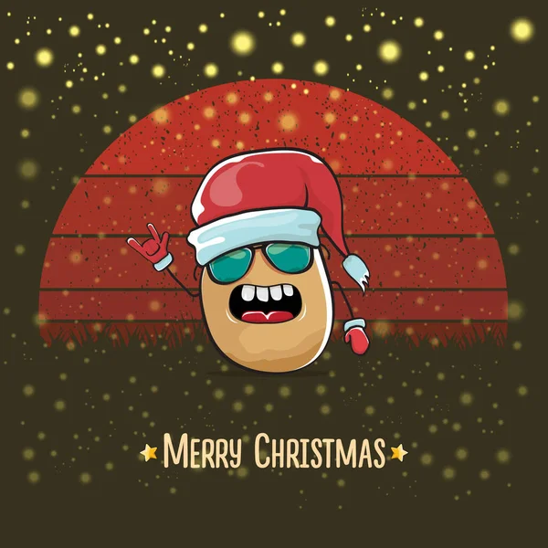 Vetor funky comic cartoon bonito sorrindo Papai Noel batata com chapéu de Papai Noel vermelho e desenho animado alegre texto de Natal isolado no fundo vermelho vintage com sol. Cartão de Natal das crianças com Santa engraçado — Vetor de Stock