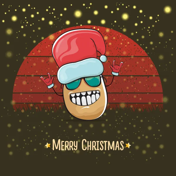 Vector funky stripverhaal leuke glimlachende kerstman aardappel met rode Kerstman hoed en cartoon vrolijke kersttekst geïsoleerd op vintage rode achtergrond met zon. Kinderkerstkaart met grappige Kerstman — Stockvector
