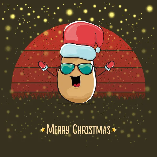 Vector funky comic cartoon cute smiling Santa Claus potato with red Santa hat and cartoon merry Christmas text isolated on vintage red background with sun. Childrens Christmas card with funny Santa — Stock Vector