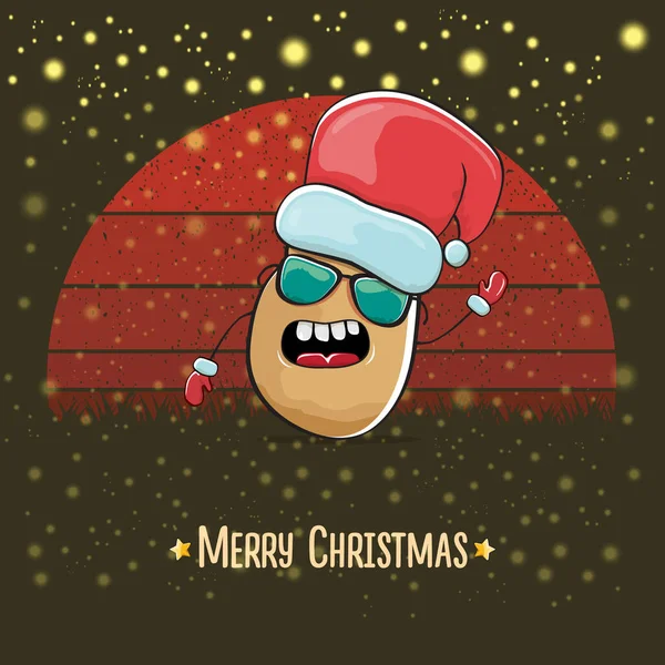 Vector funky historieta caricatura linda sonriente Papá Noel papa con sombrero de Santa rojo y dibujos animados feliz texto de Navidad aislado sobre fondo rojo vintage con sol. Tarjeta de Navidad para niños con Santa divertido — Archivo Imágenes Vectoriales